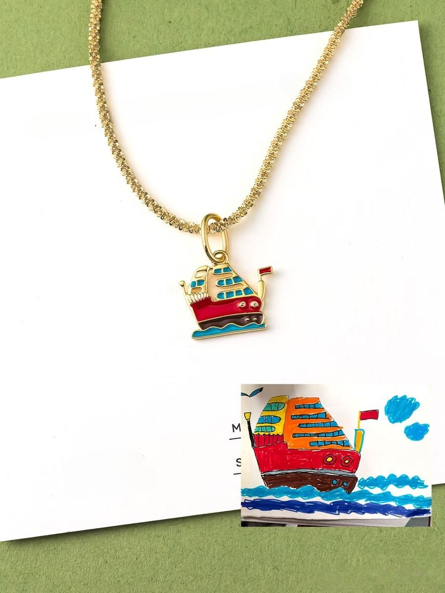 Boat drawing as an enamel pendant
