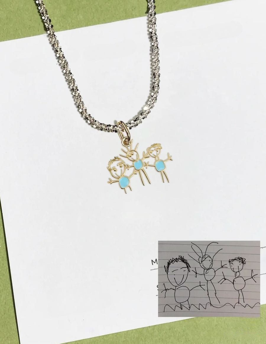 Pencil family drawing as an outline pendant with blue enamel
