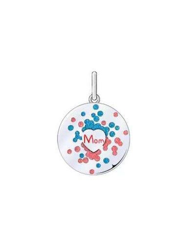 Design sketch of a round silver pendant with the pink and blue dots and the word Mom